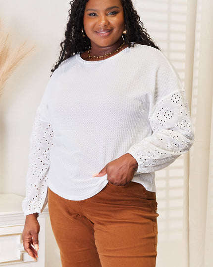 Shiny Eyelet Dropped Shoulder Round Neck Blouse