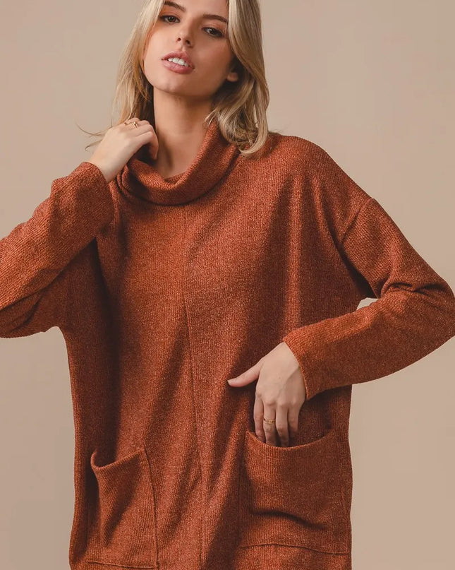 BiBi Piper Rib Double Pocket Turtle Neck Sweater