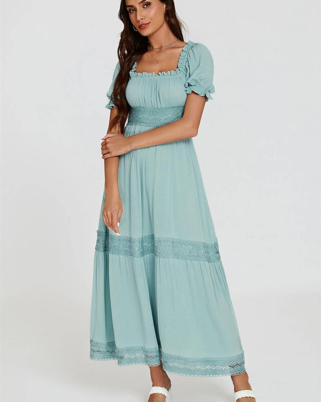 Lace Detail Bardot Maxi Dress in Blue Blue