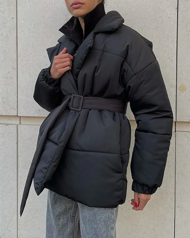 Puffer Long Sleeve Winter Coat with Belt Black