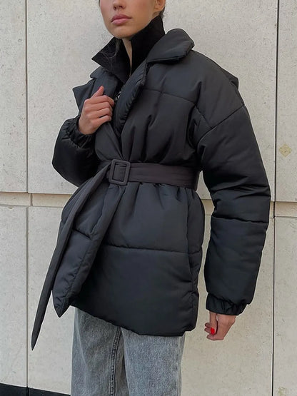 Puffer Long Sleeve Winter Coat with Belt Black