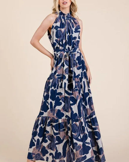 Lime 'N' Chili Abstract Halter Neck Tie-Waist Tiered Maxi Dress NAVY COMBO