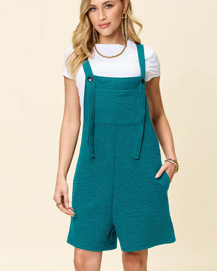 Double Take Full Size Texture Square Neck Romper Turquoise