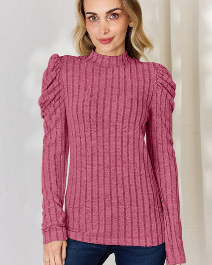 Basic Bae Full Size Ribbed Mock Neck Puff Sleeve T-Shirt Pink