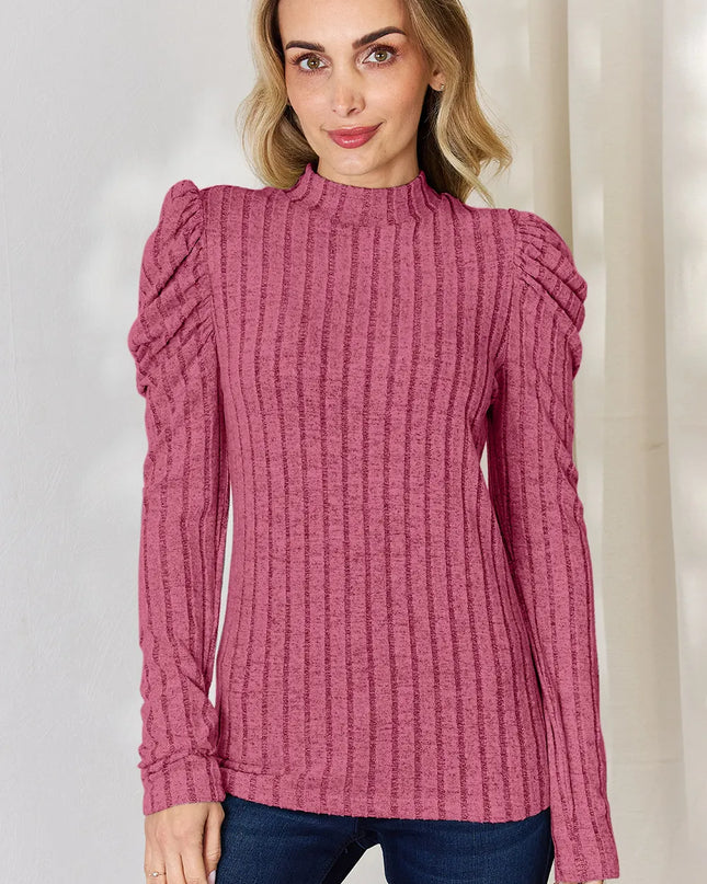 Basic Bae Full Size Ribbed Mock Neck Puff Sleeve T-Shirt Pink
