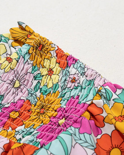 Floral Print Shirred Tiered Ruffled Sleeve Blouse