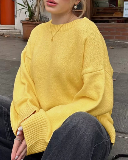 Ribbed Round Neck Dropped Shoulder Sweater