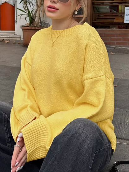Ribbed Round Neck Dropped Shoulder Sweater