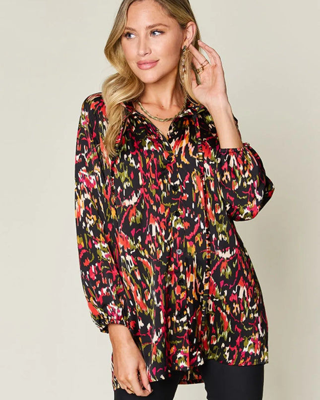 Double Take Full Size Printed Button Up Long Sleeve Shirt