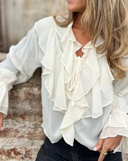 Ruffled Tie Front Flounce Sleeve Blouse