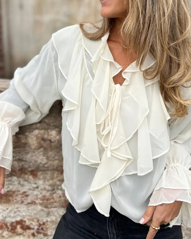 Ruffled Tie Front Flounce Sleeve Blouse