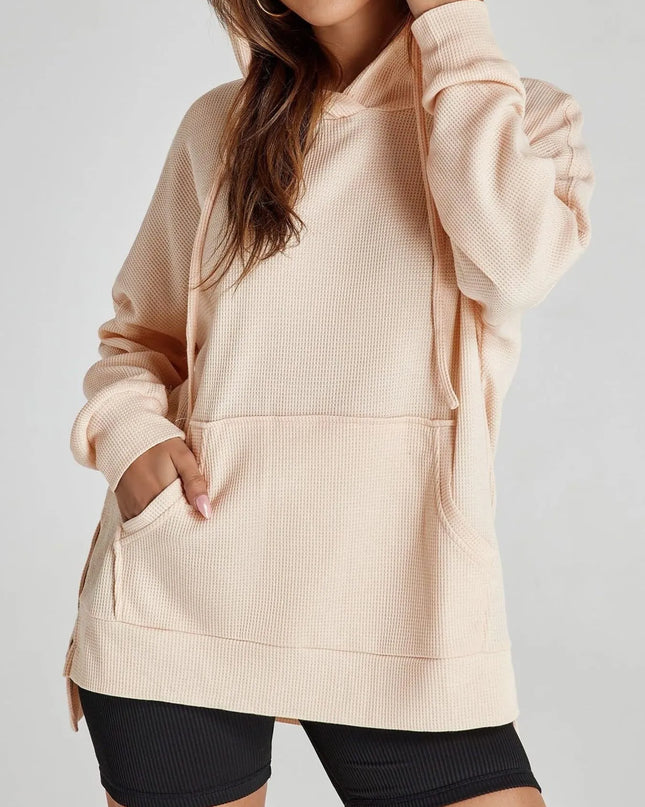 Slit Drawstring Waffle Knit Hoodie