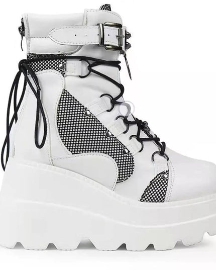 Lace Up Round Toe Wedge Boots White