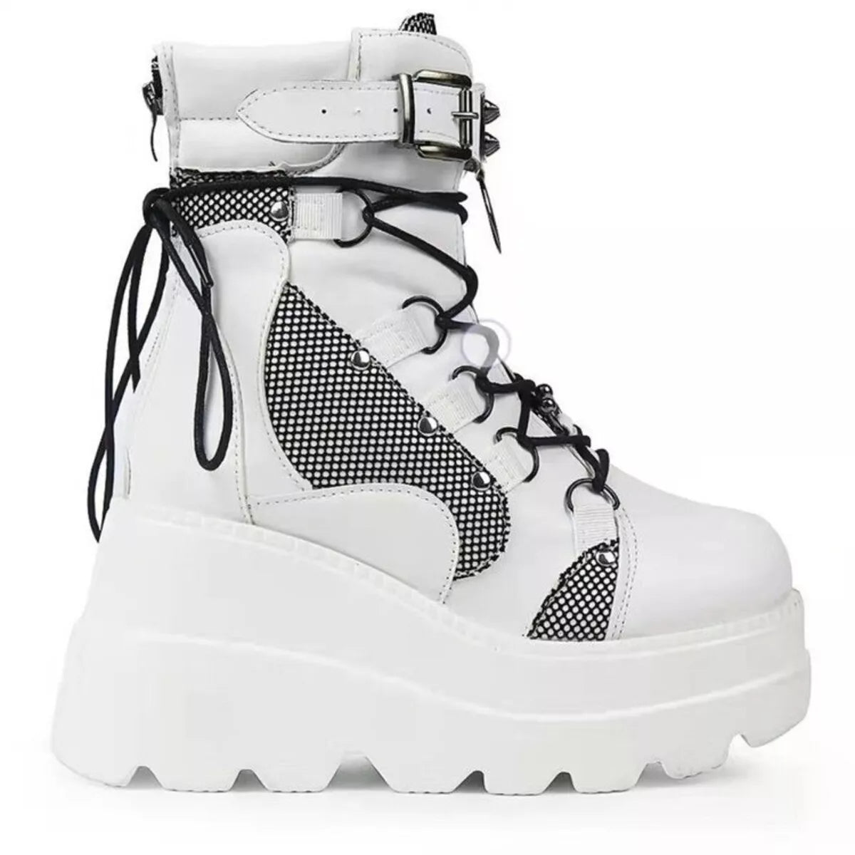 Lace Up Round Toe Wedge Boots White