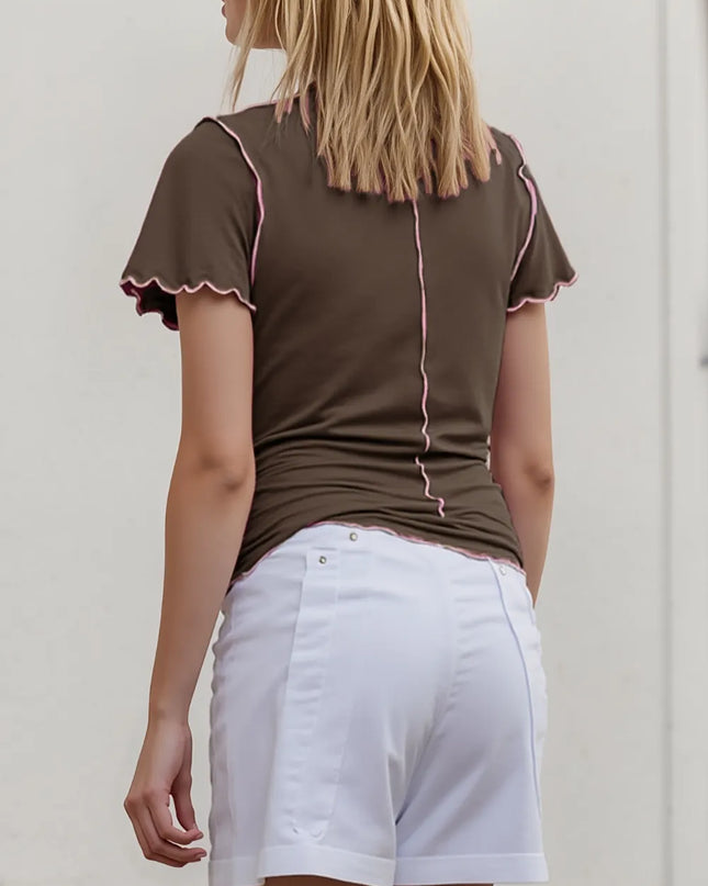 Basic Bae Contrast Trim Mock Neck Short Sleeve T-Shirt