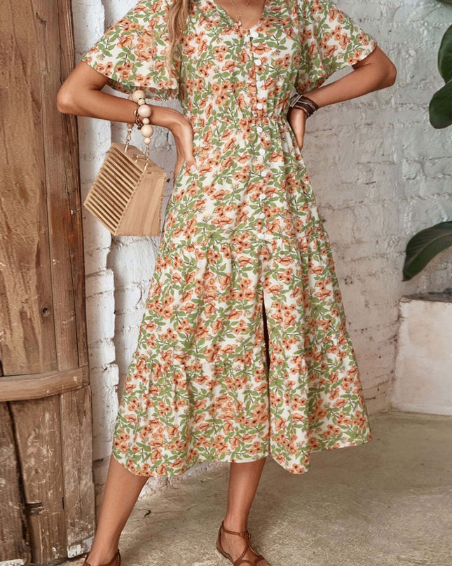 Perfee Floral V-Neck Front Slit Dress