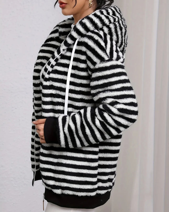 Striped Fuzzy Zip Up Hooded Outerwear