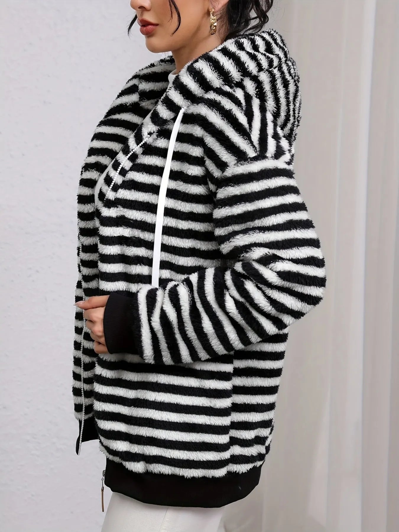 Striped Fuzzy Zip Up Hooded Outerwear