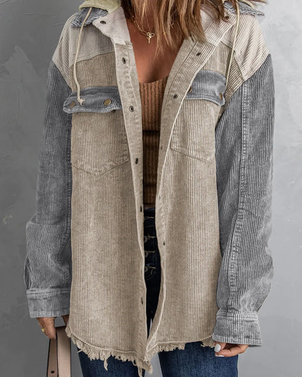 Snap Front Hooded Corduroy Shacket Tan