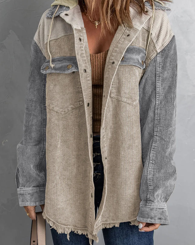 Snap Front Hooded Corduroy Shacket Tan