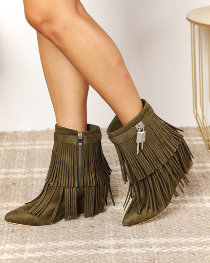 Legend Women's Tassel Wedge Heel Ankle Booties Olive