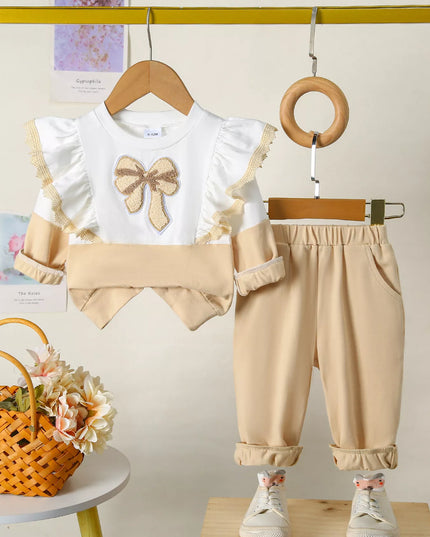 Children's Flower Long Sleeve Top and Pants Set Apricot