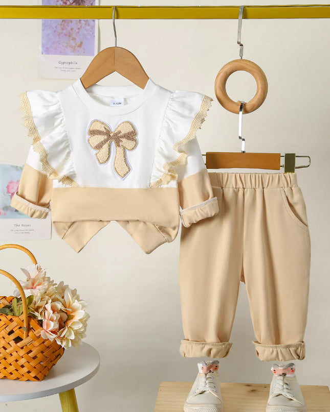Children's Flower Long Sleeve Top and Pants Set Apricot