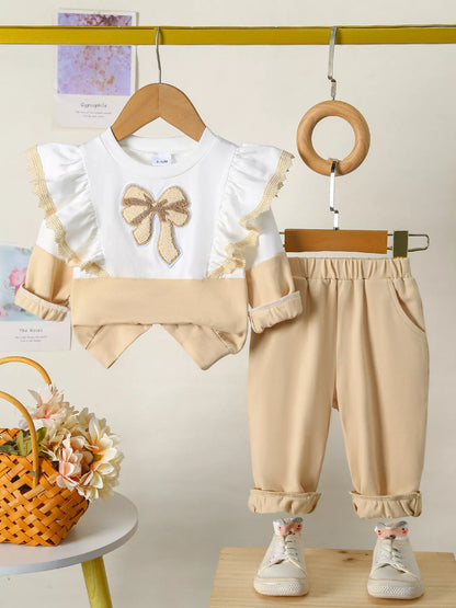 Children's Flower Long Sleeve Top and Pants Set Apricot