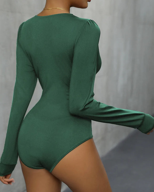 Perfee Lace Detail Plunge Long Sleeve Bodysuit