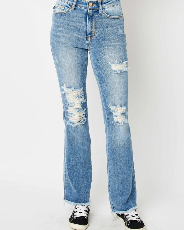 Judy Blue Full Size Distressed Raw Hem Bootcut Jeans