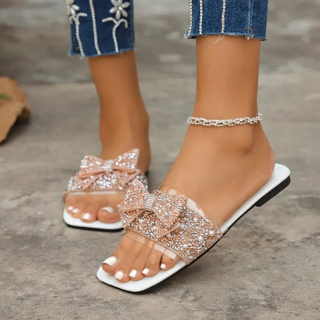 Rhinestone Embellished Bow Sandals Champagne