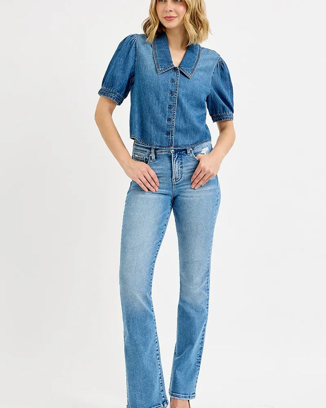 RISEN Button Down Puff Sleeve Crop Denim Shirt MEDIUM