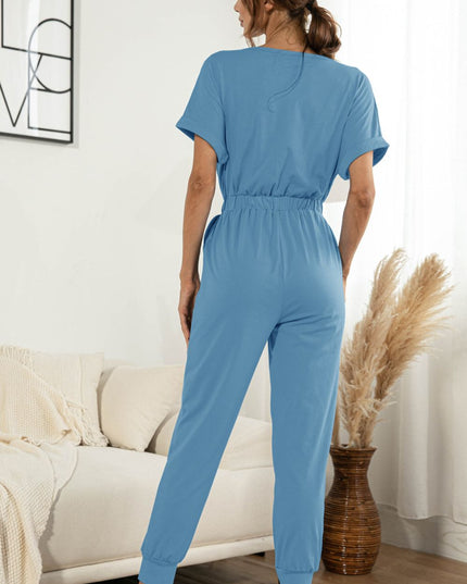 Surplice Neck Tied Short Sleeve Jumpsuit