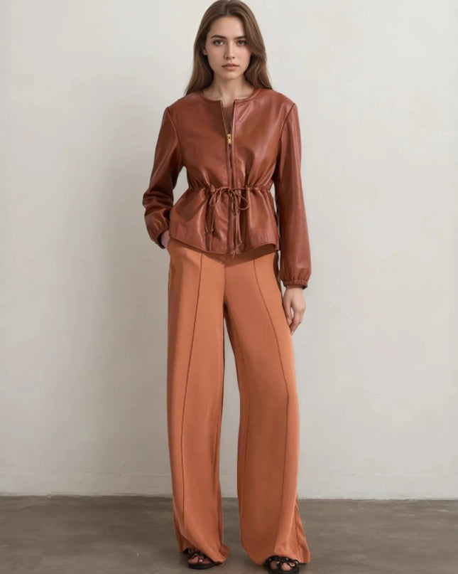 Drawstring Zip Up Leather Jacket