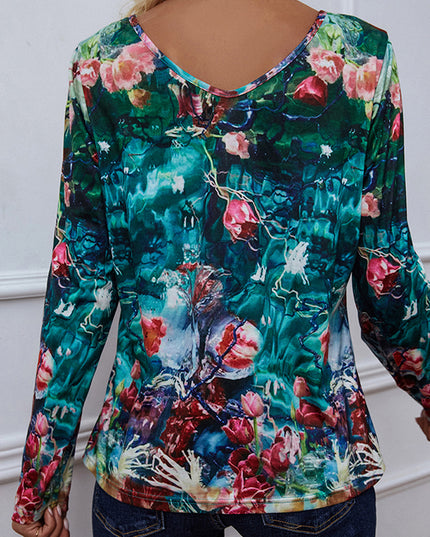Shiny Printed V-Neck Long Sleeve Blouse 
