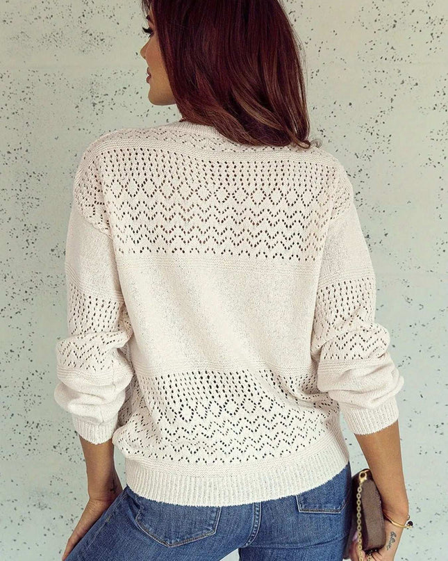 Eyelet Deatil V-Neck Long Sleeve Sweater