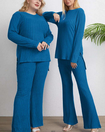 Basic Bae Full Size Ribbed High-Low Top and Wide Leg Pants Set