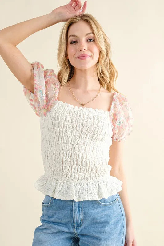 And The Why Embellishment Sleeve Smocked Top 