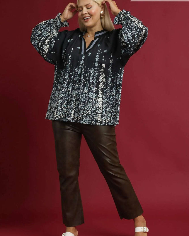 Umgee Full Size Floral Vine Print Blouse with Balloon Sleeves Plus Size