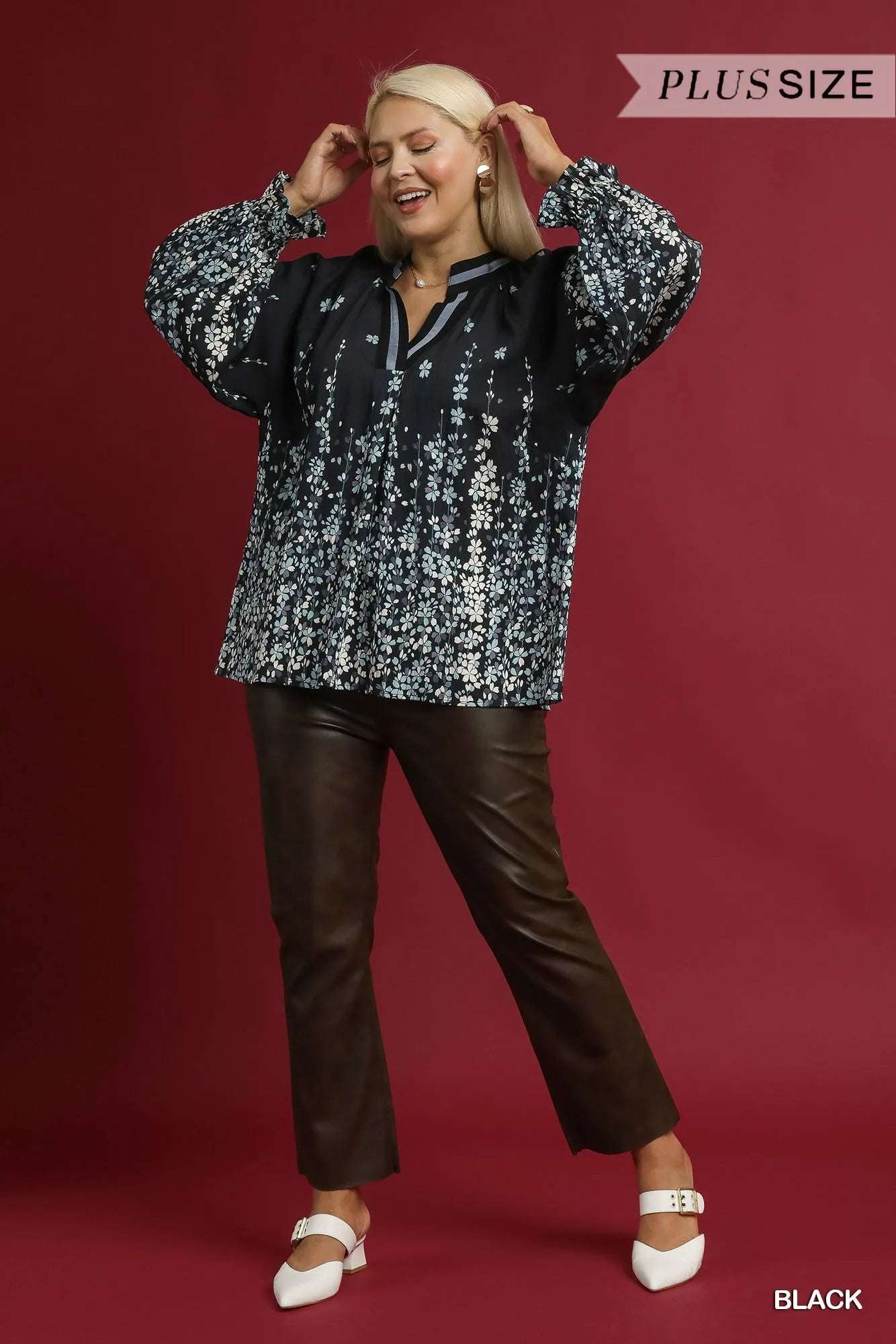 Umgee Full Size Floral Vine Print Blouse with Balloon Sleeves Plus Size