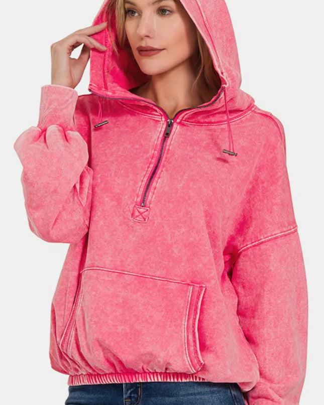 Zenana Drawstring Half Zip Dropped Shoulder Hoodie