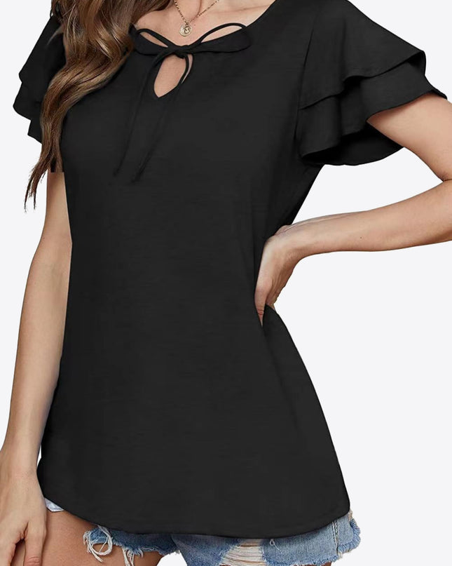 Tie-Neck Layered Flutter Sleeve Blouse