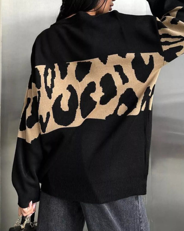 Leopard Color Block Round Neck Sweater