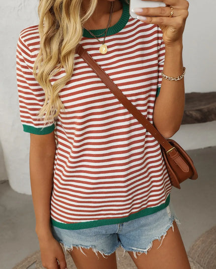 Mandy Striped Round Neck Half Sleeve Knit Top Red Green