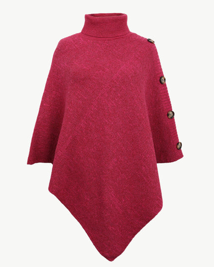 Turtleneck Buttoned Poncho Hot Pink One Size