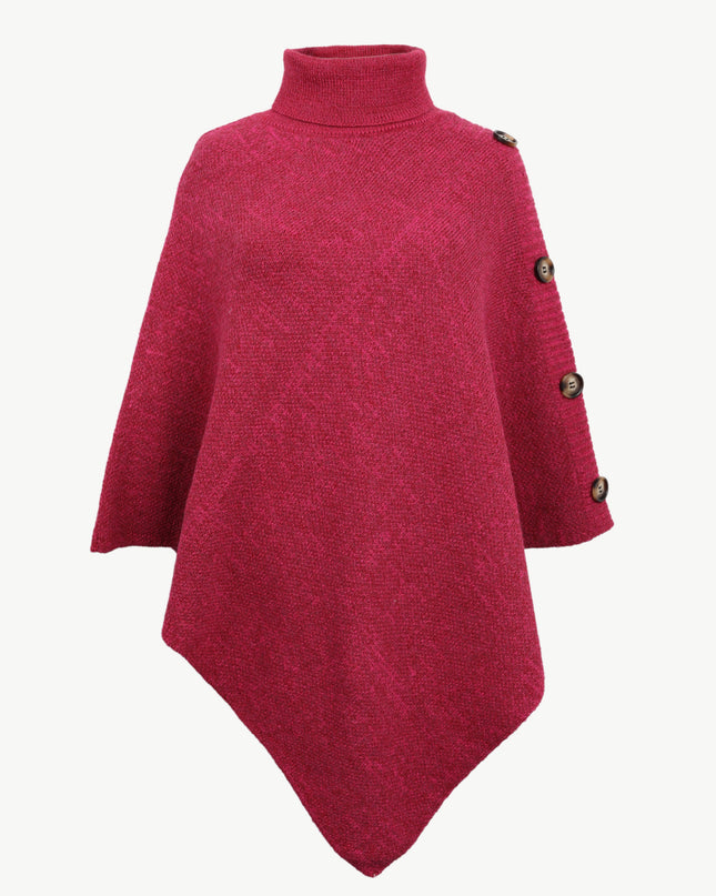 Turtleneck Buttoned Poncho Hot Pink One Size