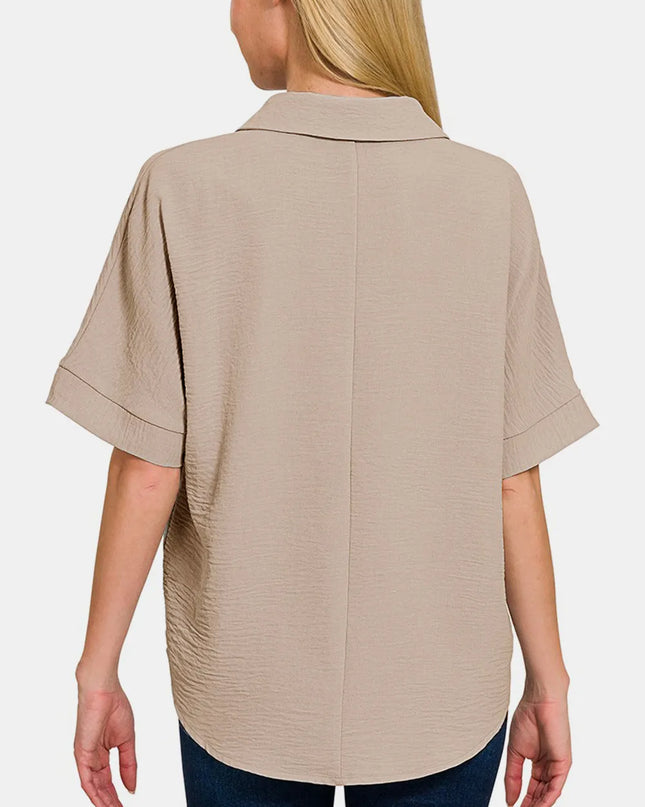 Zenana Texture Collared Neck Short Sleeve Top