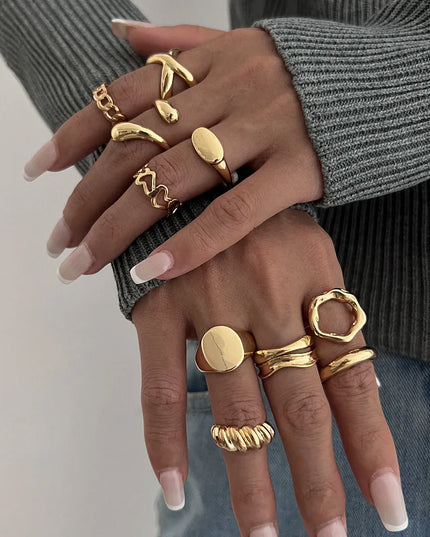 10-Piece Alloy Geometric Ring Gold One Size
