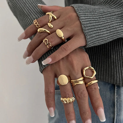 10-Piece Alloy Geometric Ring Gold One Size