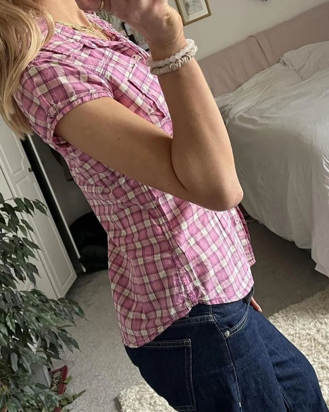 Plaid Cap Sleeve Button-Up Shirt